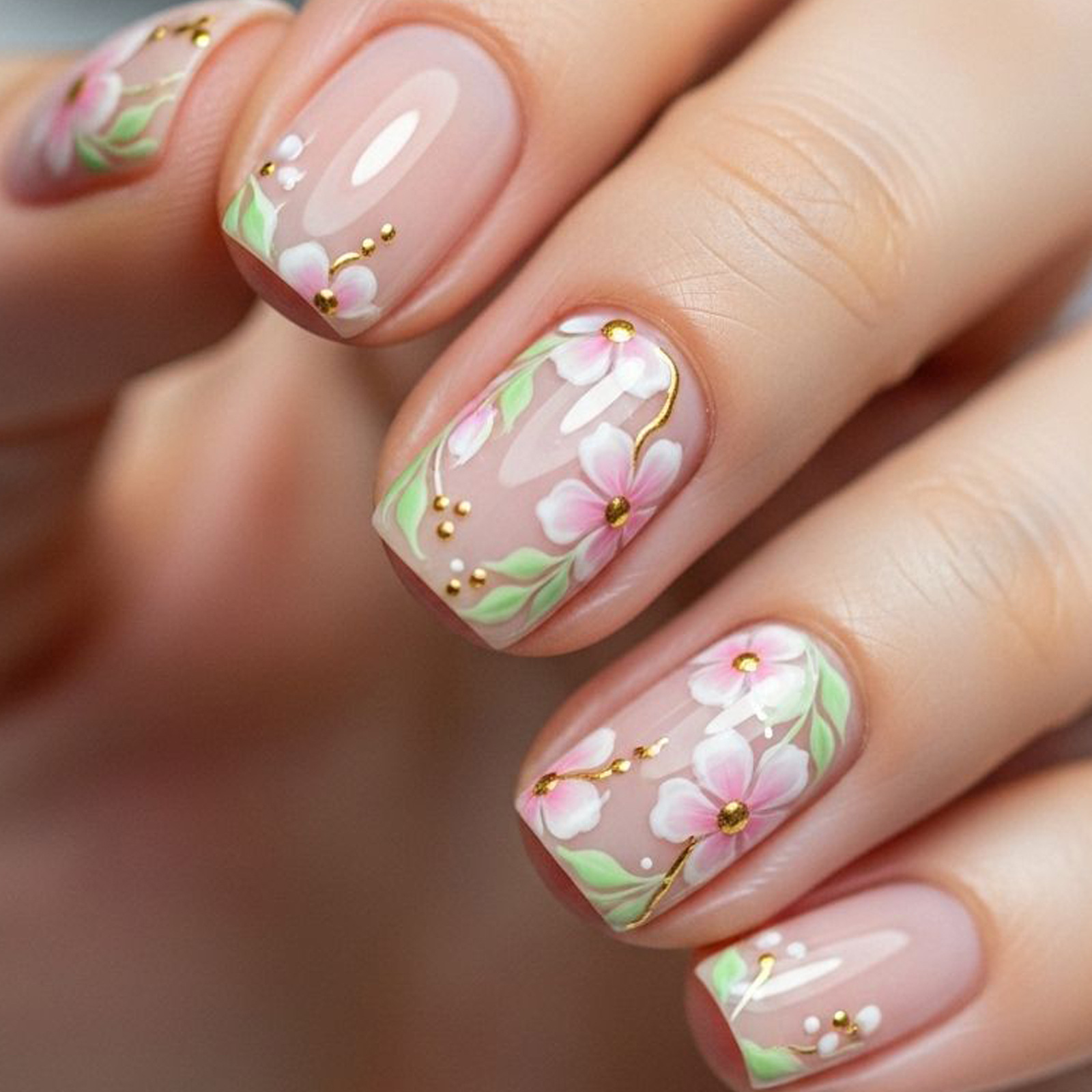 Pressed Flower Art - أظافر صناعية قصيرة ومتوسطة الطول للنساء